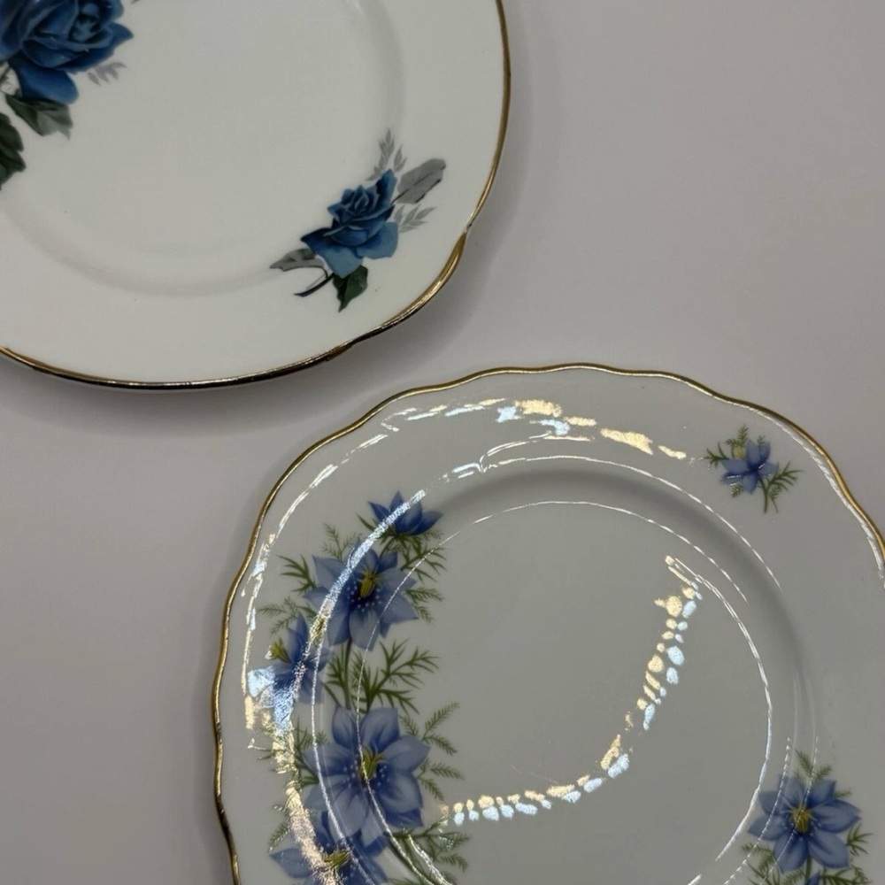 Vintage English Bone China Plates - Duchess & Colclough - Blue Floral Gold Trim